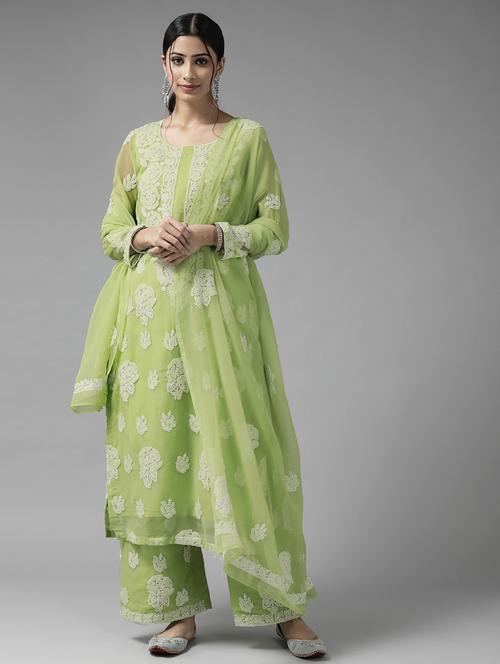ada hand-embroidered green chikankari unstitched suit set - 18633683 - Standard Image - 0