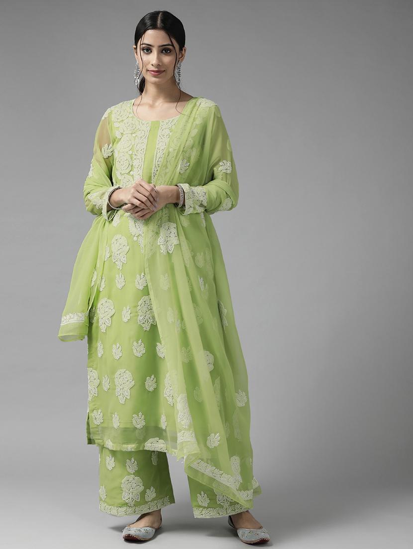 ada hand-embroidered green chikankari unstitched suit set - 18633683 - Zoom Image - 0
