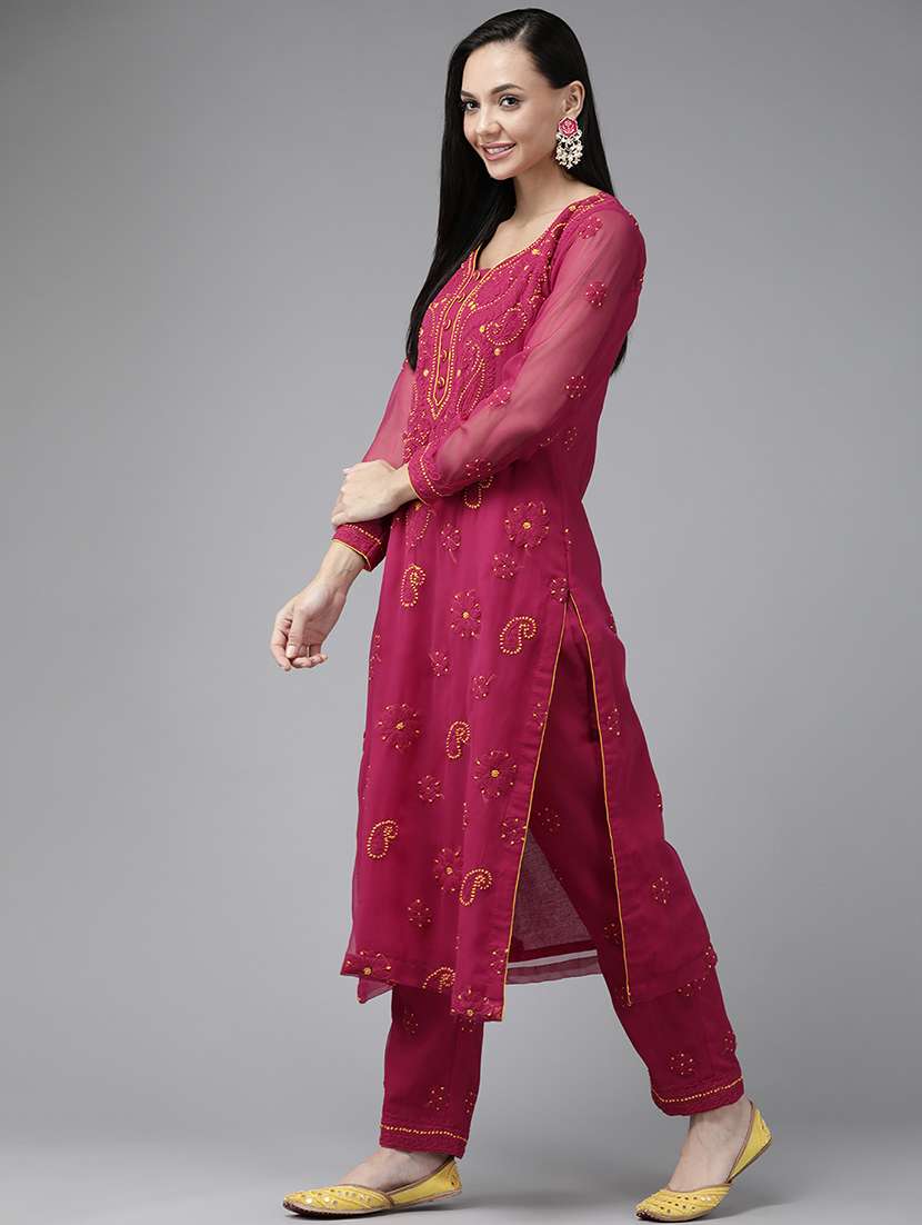 ada hand-embroidered magenta chikankari unstitched suit set - 18633686 - Standard Image - 1
