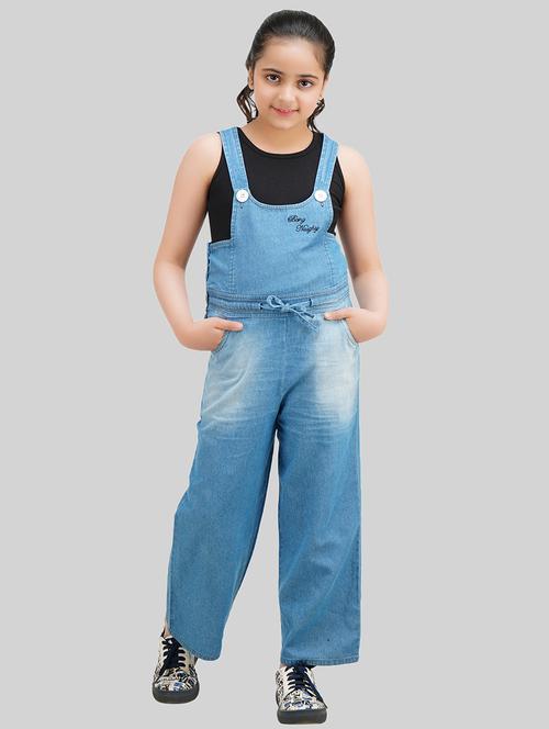 girls round neck solid denim dungarees - 18633780 - Standard Image - 0