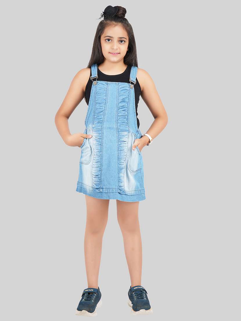 girls round neck solid denim dungarees - 18633796 - Zoom Image - 0