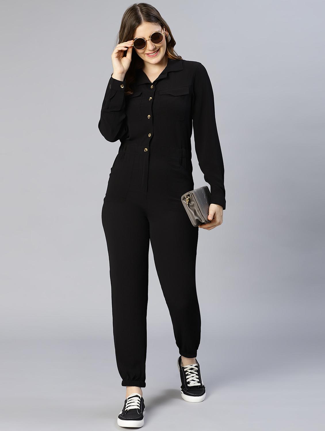 lapel neck solid full leg jumpsuit - 18634456 -  Zoom Image - 0