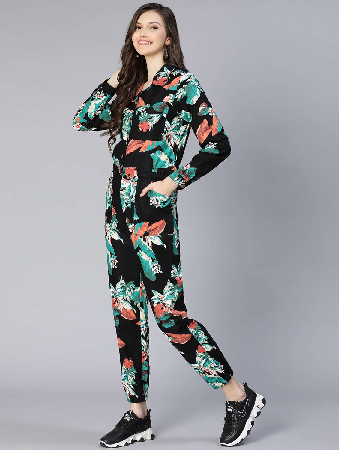 lapel neck floral full leg jumpsuit - 18634457 -  Standard Image - 1