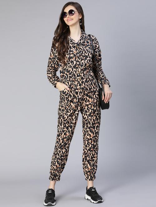 lapel neck printed full leg jumpsuit - 18634458 - Standard Image - 0