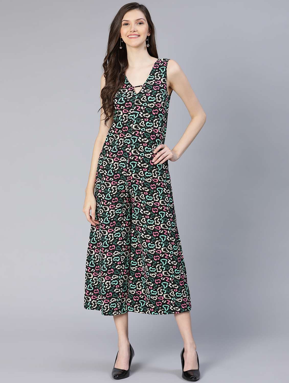 v-neck printed 3/4 jumpsuit