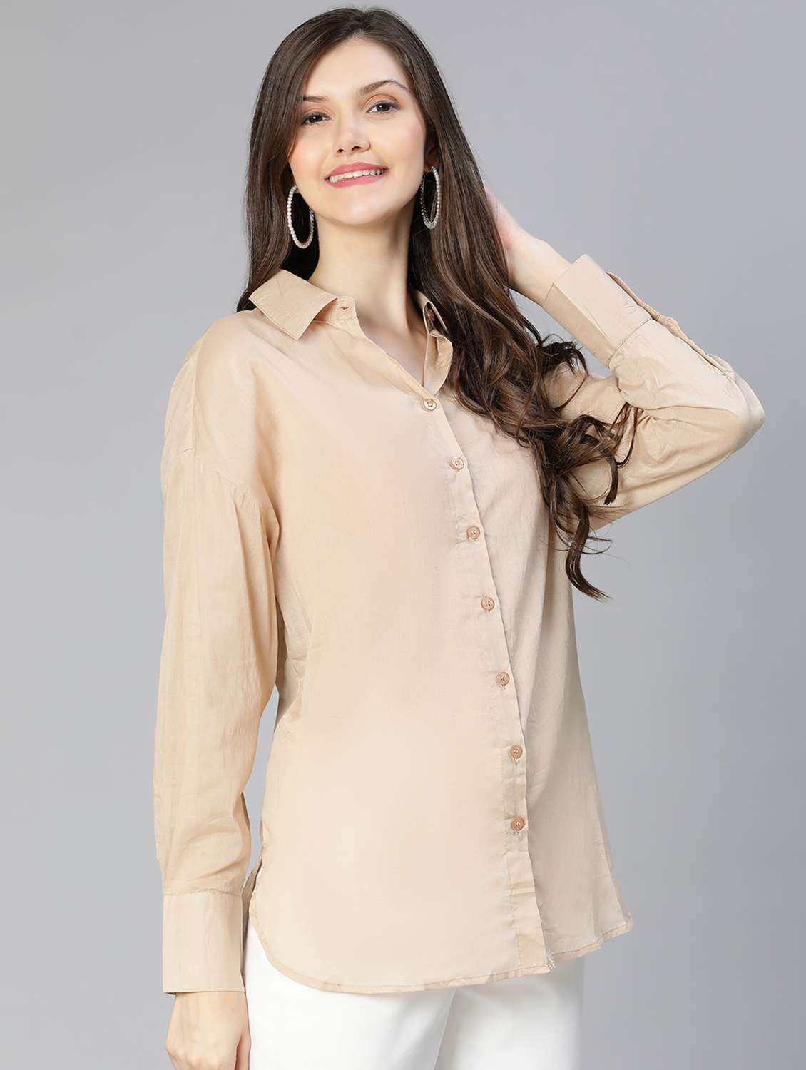 beige solid regular shirt - 18634641 -  Standard Image - 1