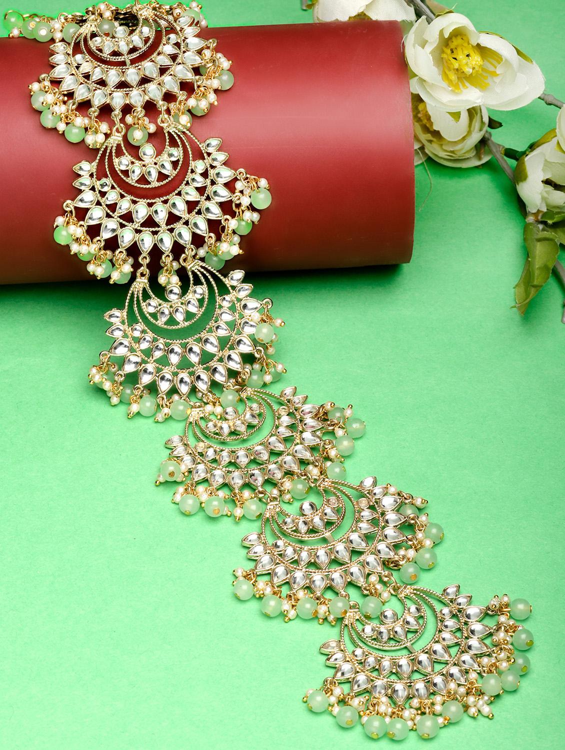 karatcart light green beads gold plated kundan bridal wedding hair braid choti - 18635745 - Zoom Image - 0