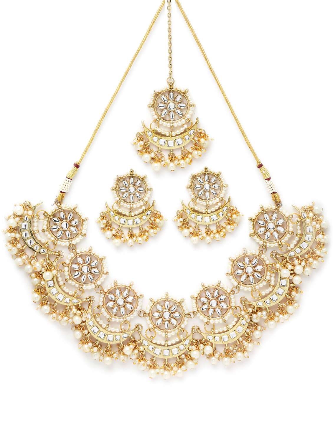 gold plated white plearl chand shape kundan necklace earrings and maang tikka set  - 18635780 -  Standard Image - 1