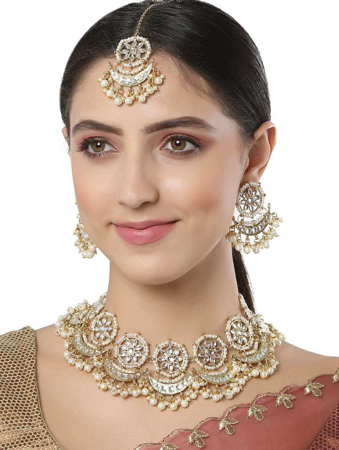 gold plated white plearl chand shape kundan necklace earrings and maang tikka set  - 18635780 -  Standard Image - 4