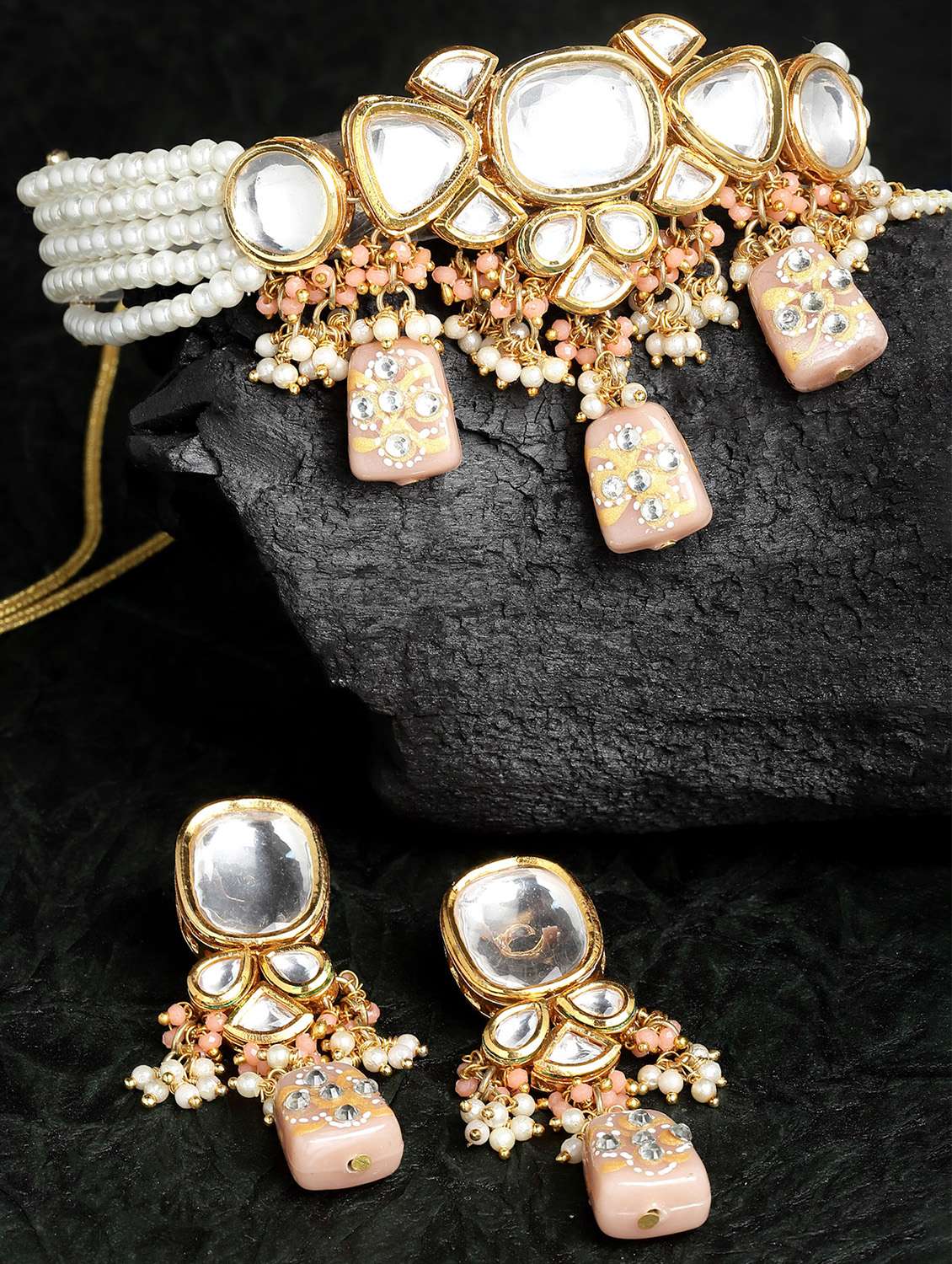 karatcart peach designer tumble polki kundan necklace set 
