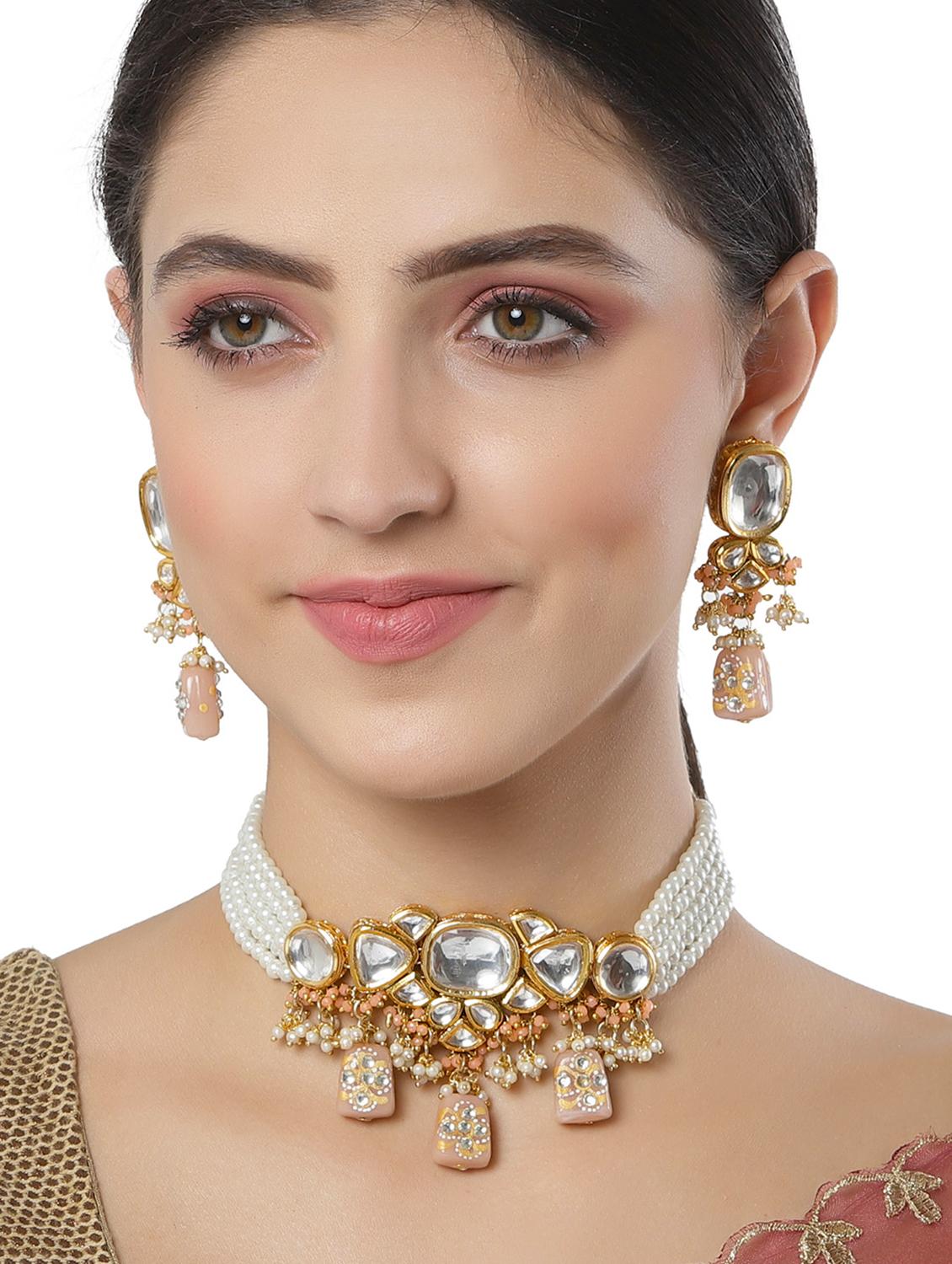 karatcart peach designer tumble polki kundan necklace set - 18635782 - Standard Image - 4