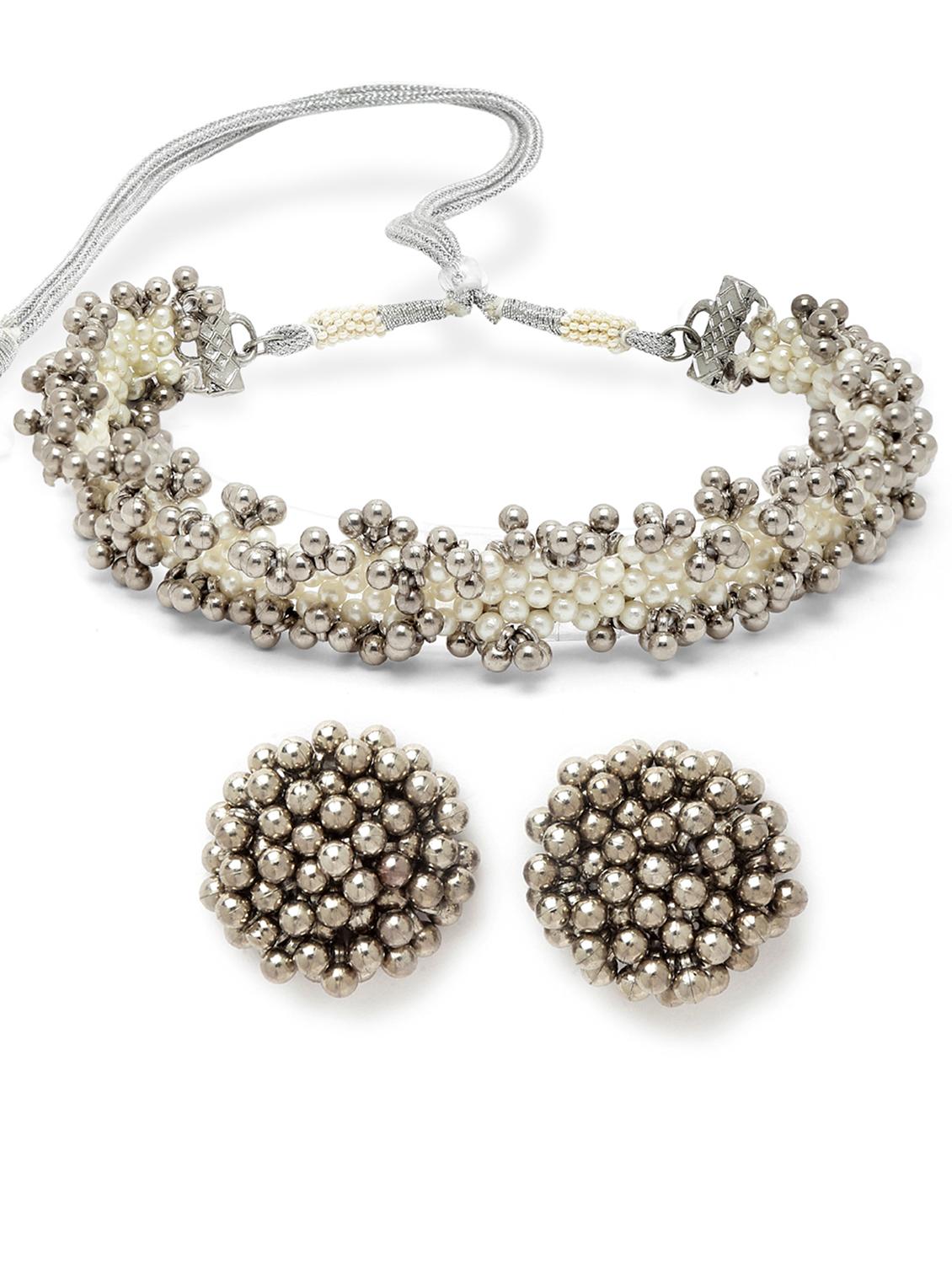 karatcart white pearl and silver boll studded choker necklace set - 18635785 - Standard Image - 1