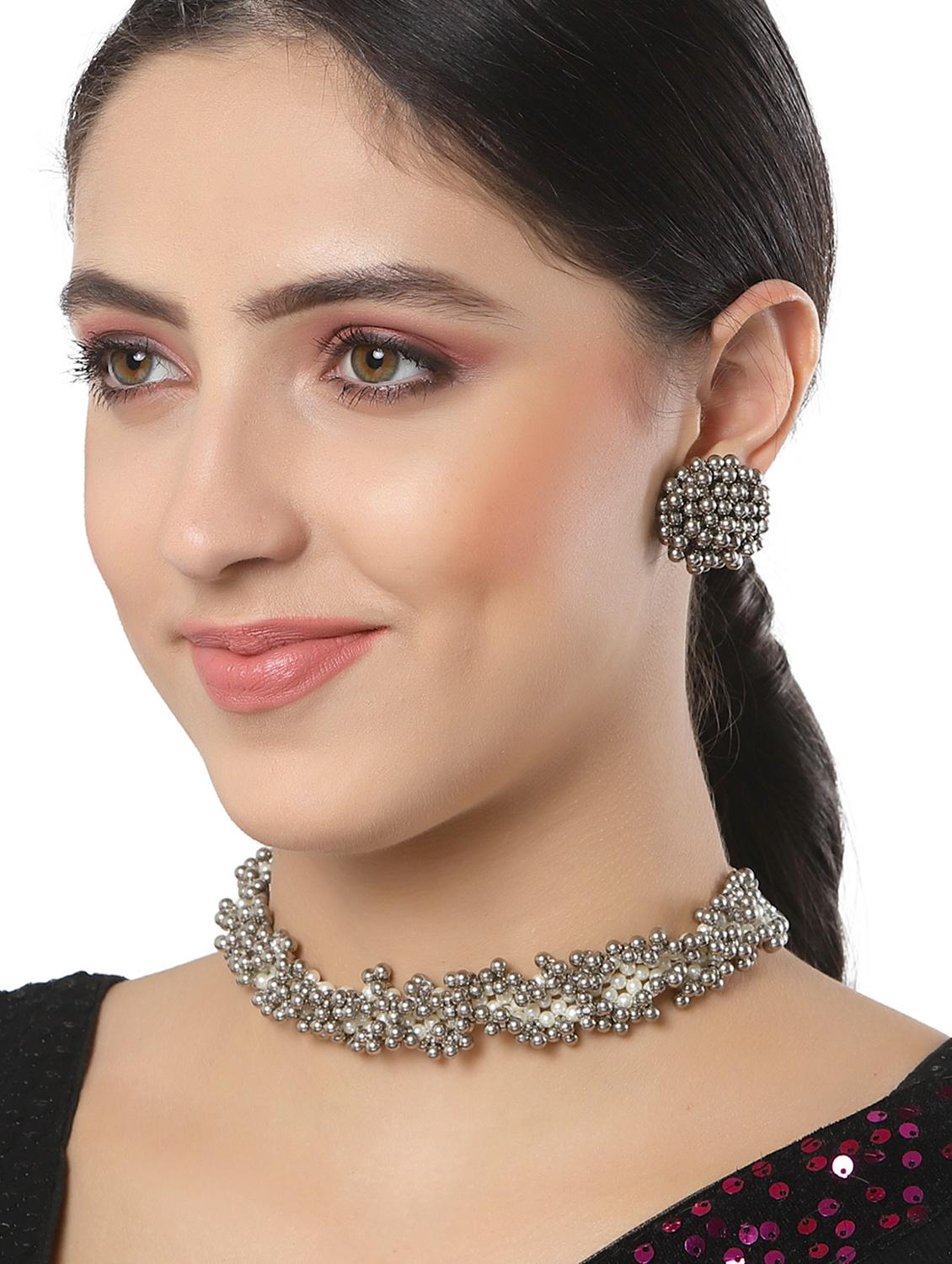 karatcart white pearl and silver boll studded choker necklace set - 18635785 - Standard Image - 4