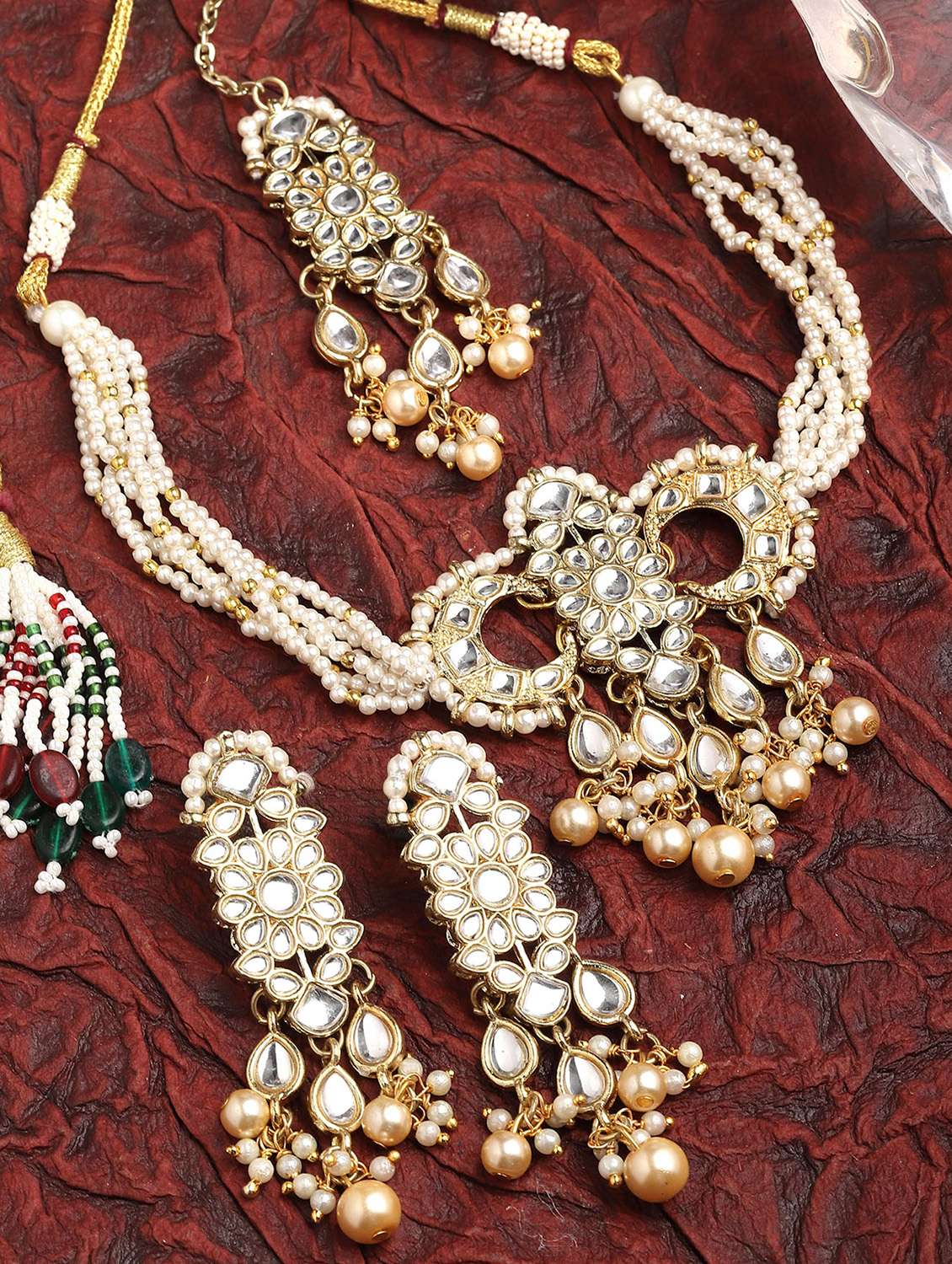 gold plated handcrafted golden pearl and kundan necklace, earring and maang tikka set 