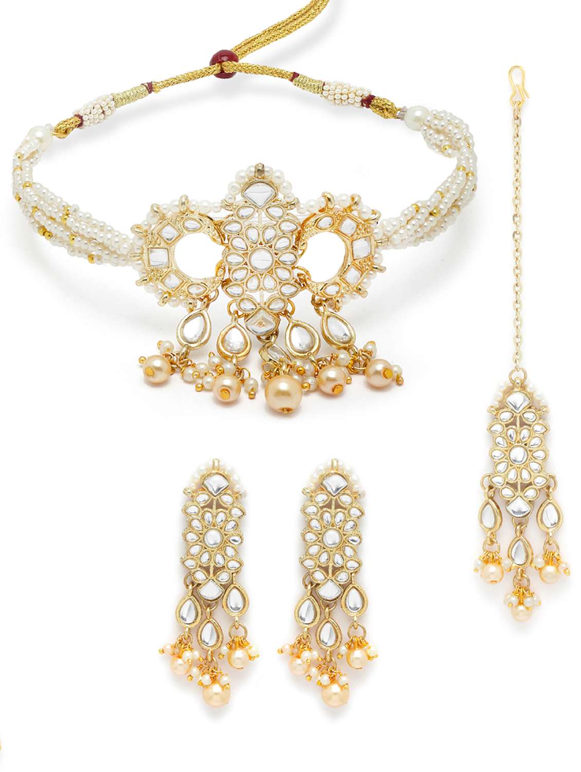 gold plated handcrafted golden pearl and kundan necklace, earring and maang tikka set  - 18635791 -  Standard Image - 1