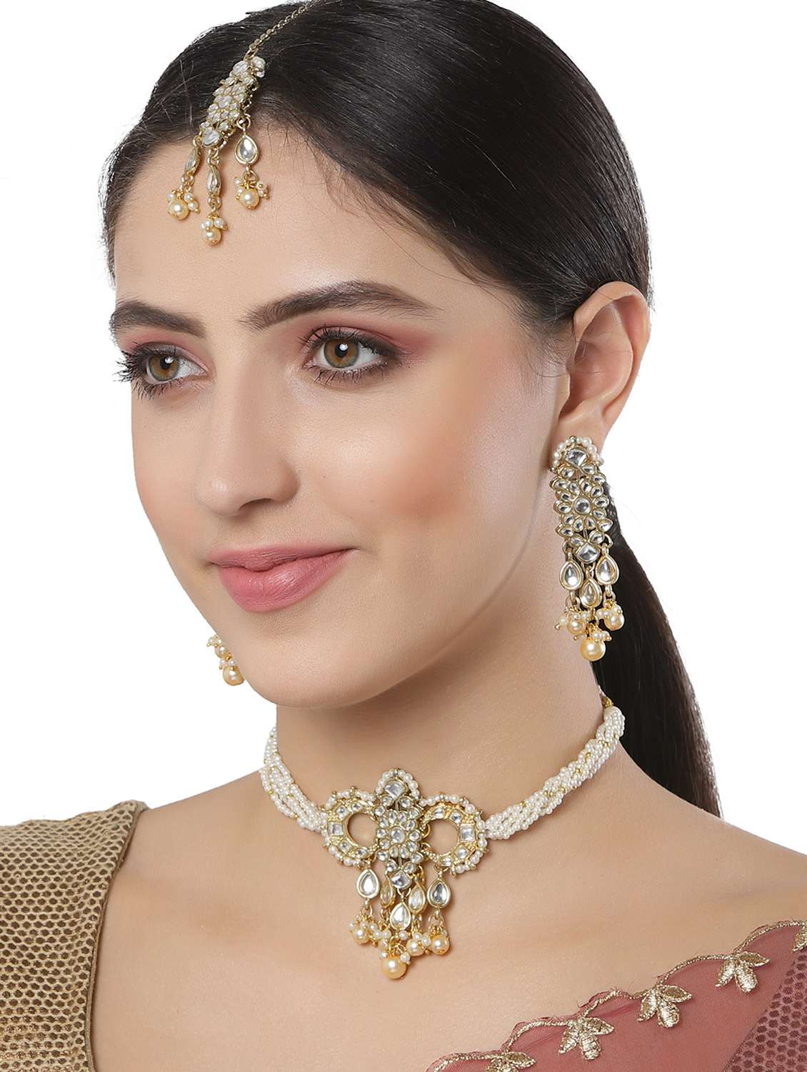 gold plated handcrafted golden pearl and kundan necklace, earring and maang tikka set  - 18635791 -  Standard Image - 4