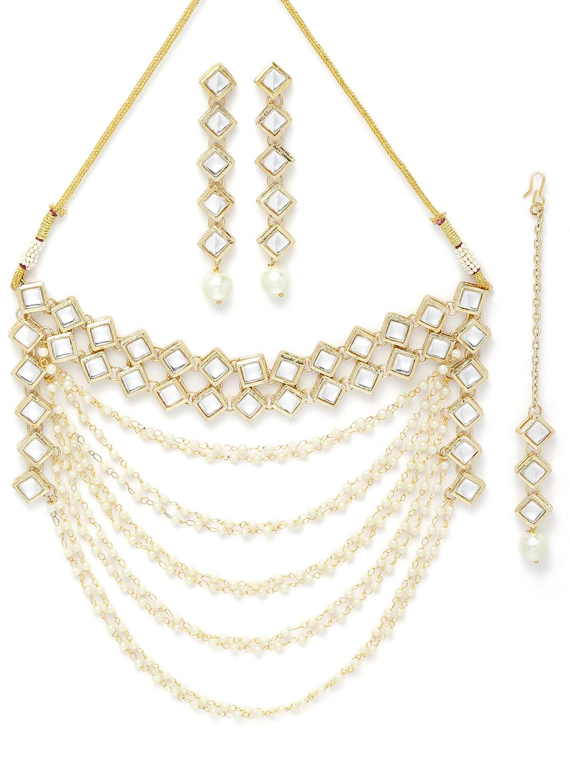 karatcart gold plated pearl chain kundan necklace earrings and maang tikka set - 18635792 - Standard Image - 1