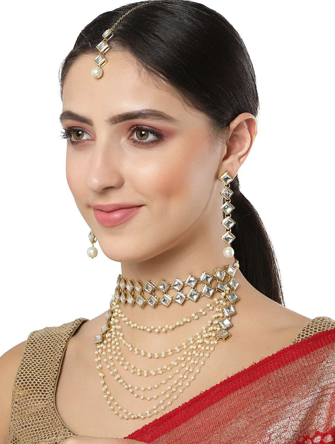 karatcart gold plated pearl chain kundan necklace earrings and maang tikka set - 18635792 - Standard Image - 4