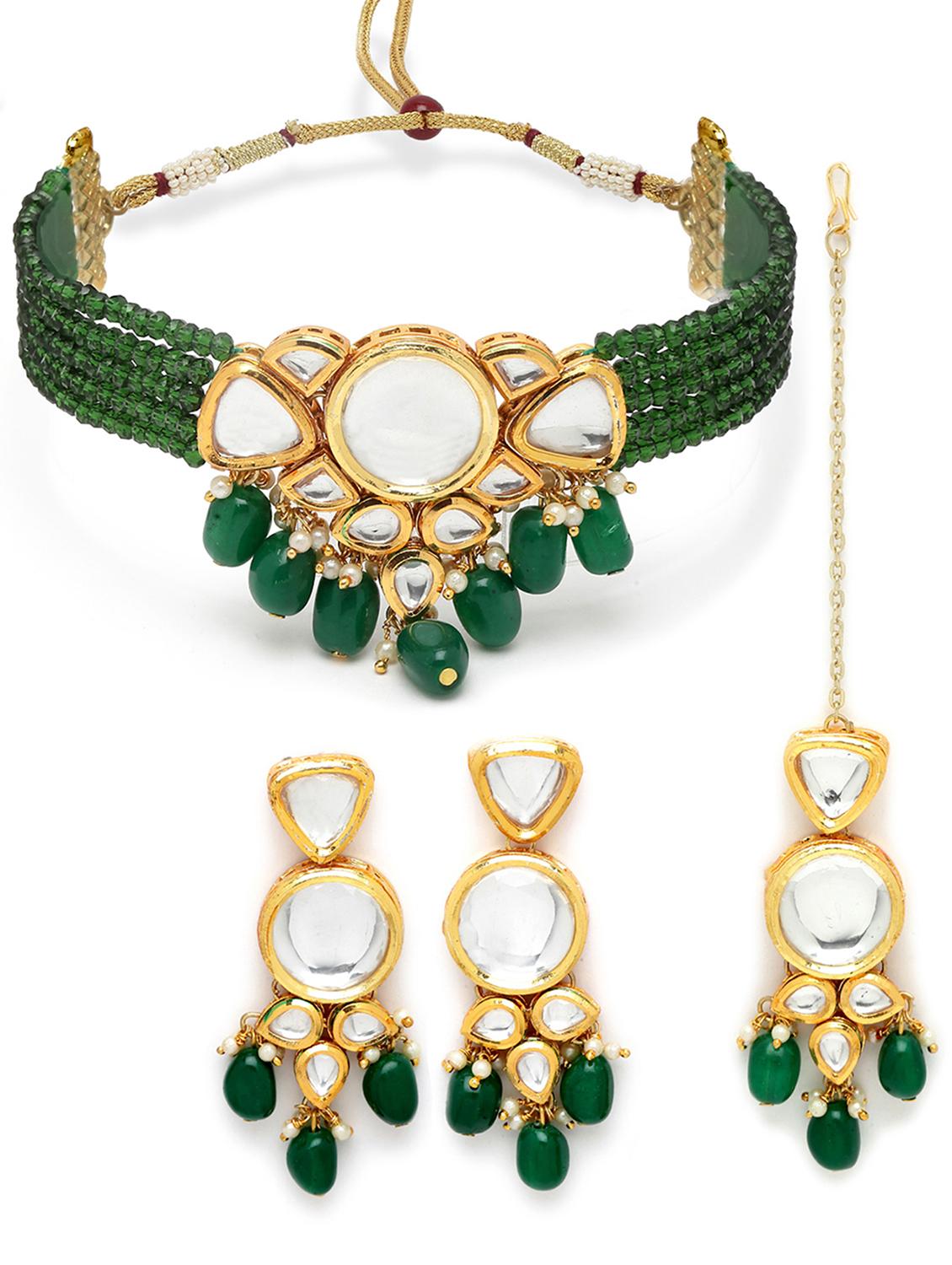 karatcart green gold plated crystal and polki kundan necklace earring and maang tikka set - 18635793 - Standard Image - 1