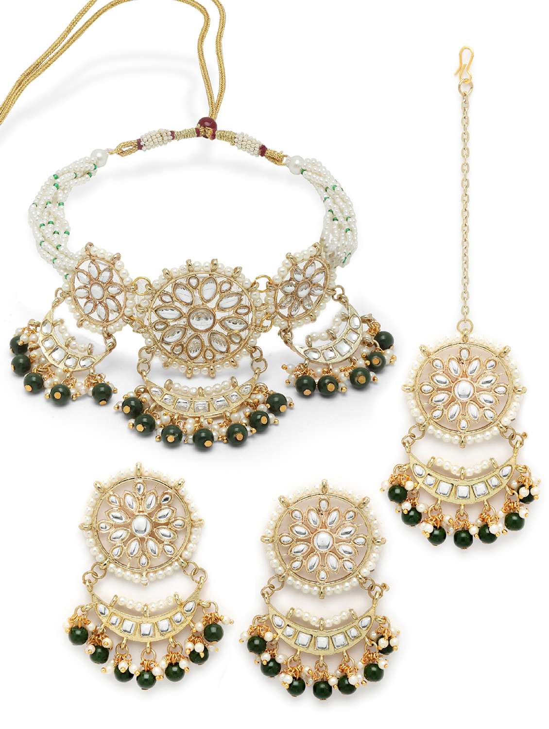 green beads studded gold plated kundan necklace, earring and maang tikka set  - 18635794 -  Standard Image - 1
