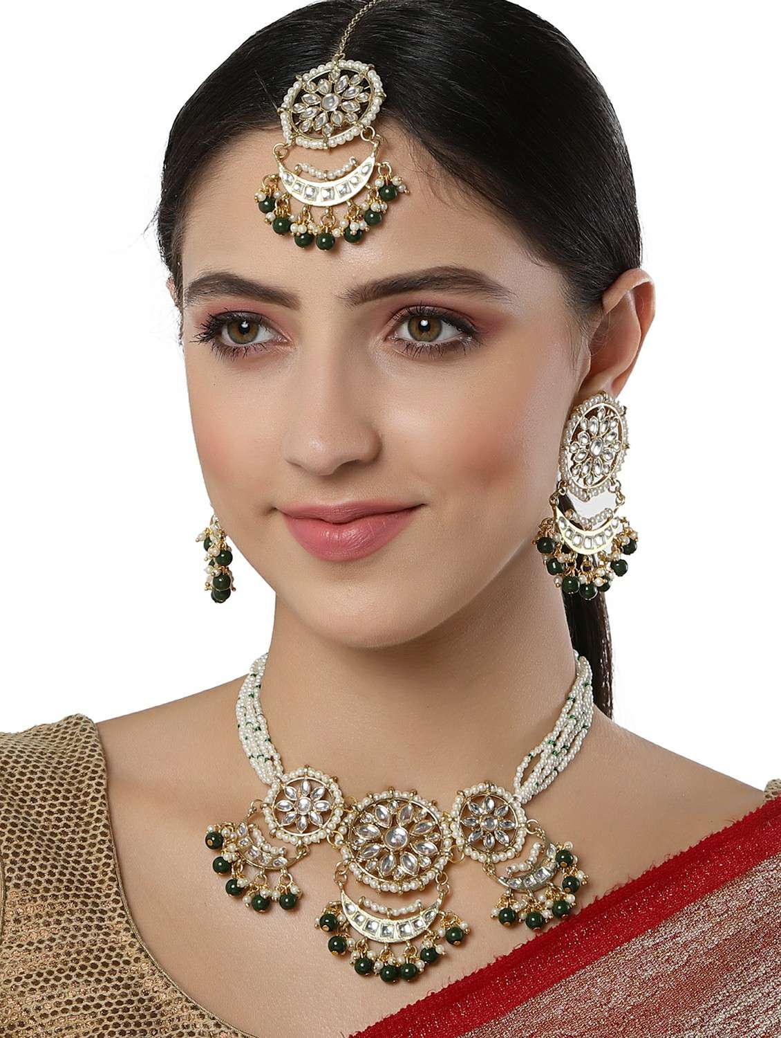 green beads studded gold plated kundan necklace, earring and maang tikka set  - 18635794 -  Standard Image - 4