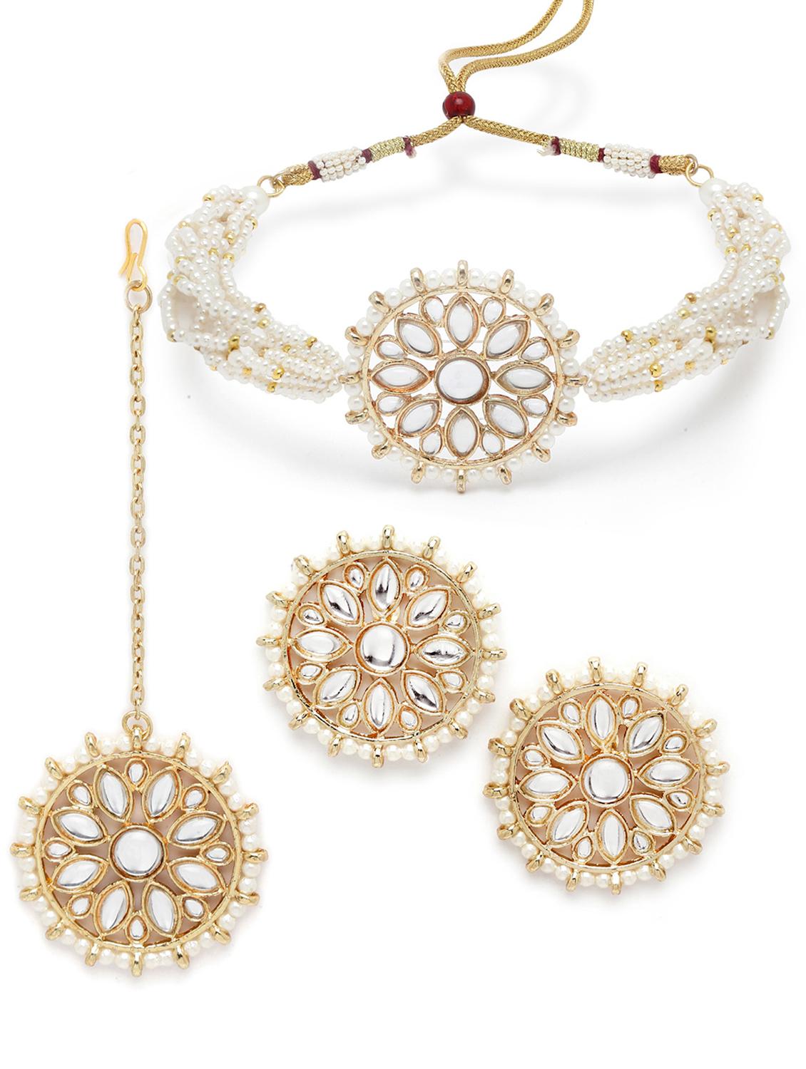 pearl beaded gold plated kundan earring and maang tikka set  - 18635796 -  Standard Image - 1