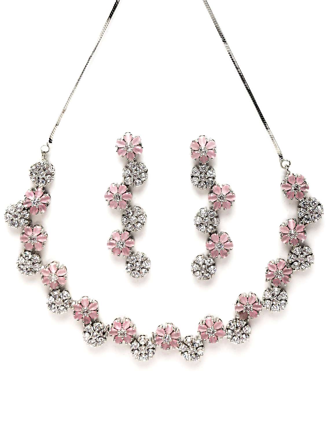karatcart silver tone pink floral ad necklace set - 18635811 -  Standard Image - 1