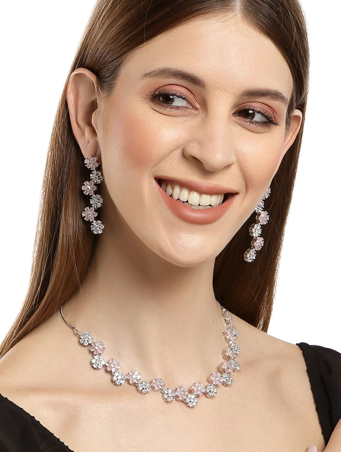 karatcart silver tone pink floral ad necklace set - 18635811 - Standard Image - 4