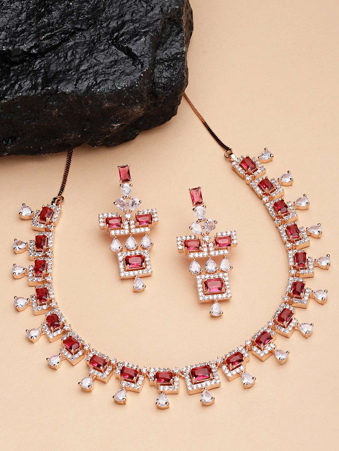 karatcart rose gold plated red cubic zirconia studded necklace set 
