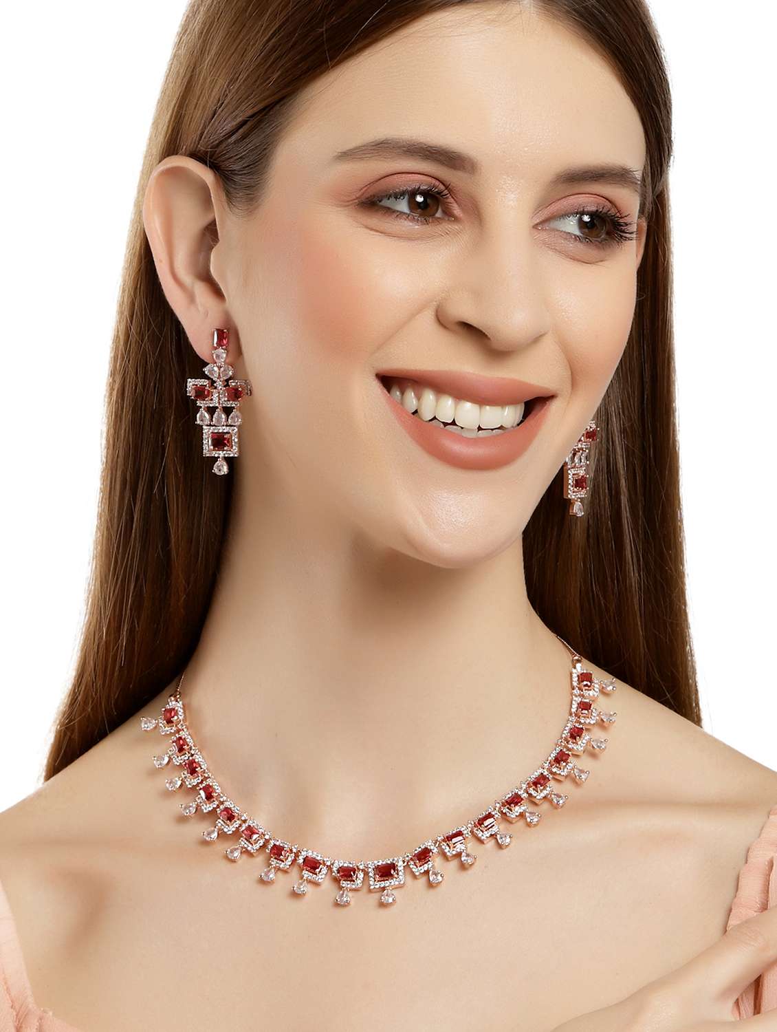 karatcart rose gold plated red cubic zirconia studded necklace set - 18635823 - Standard Image - 4