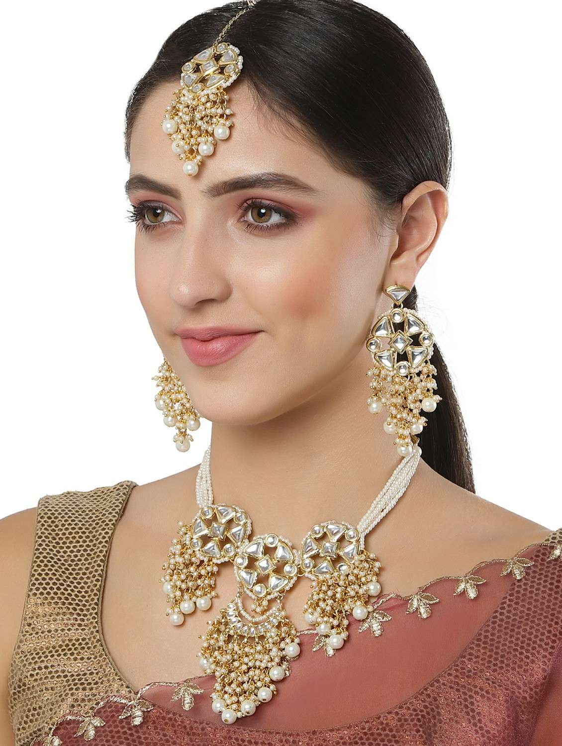 gold plated handcrafted pearl floral kundan necklace earring and maang tikka set  - 18635836 -  Standard Image - 4