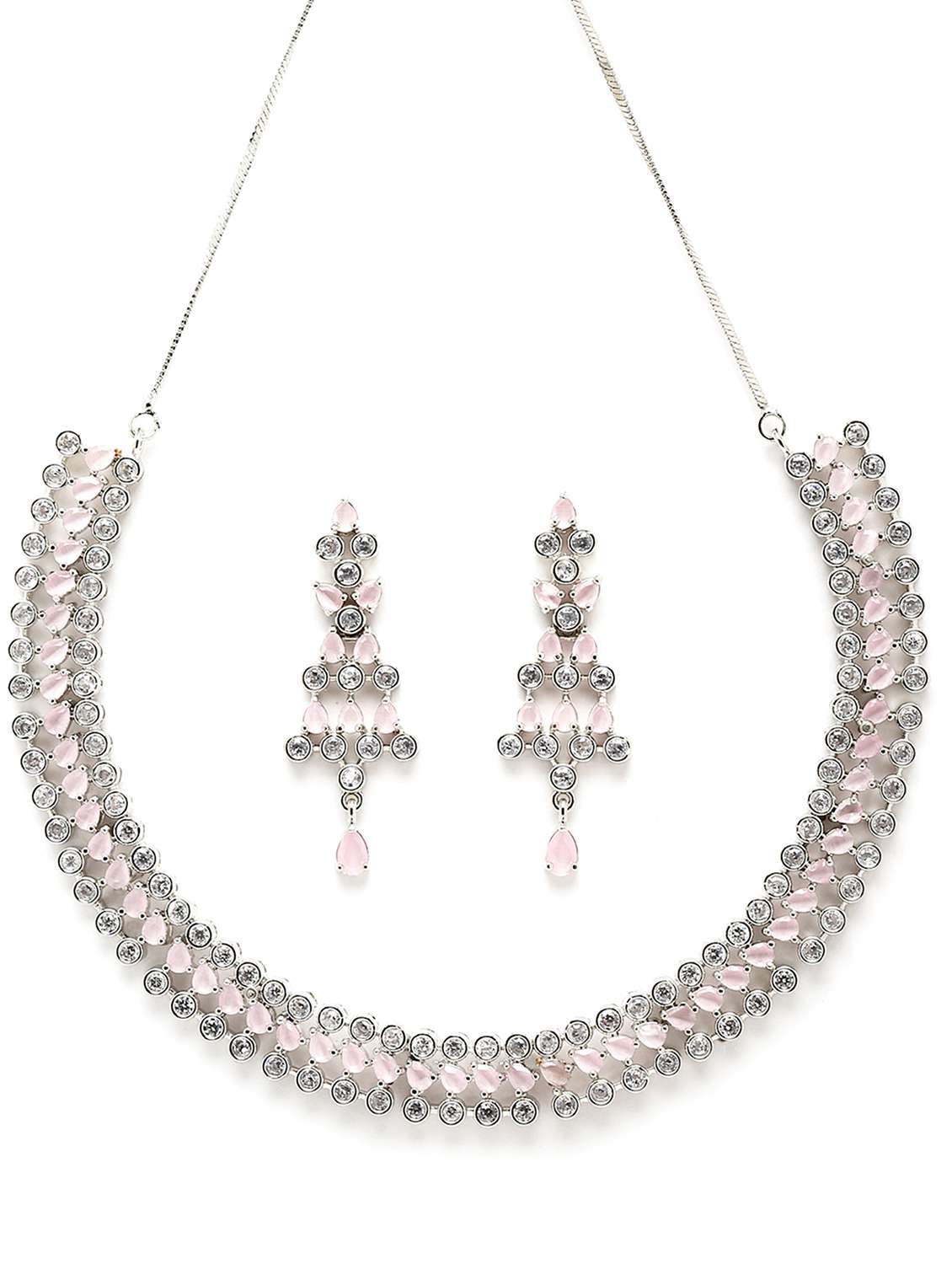 karatcart silver tone pink american diamond necklace set  - 18635840 -  Standard Image - 1