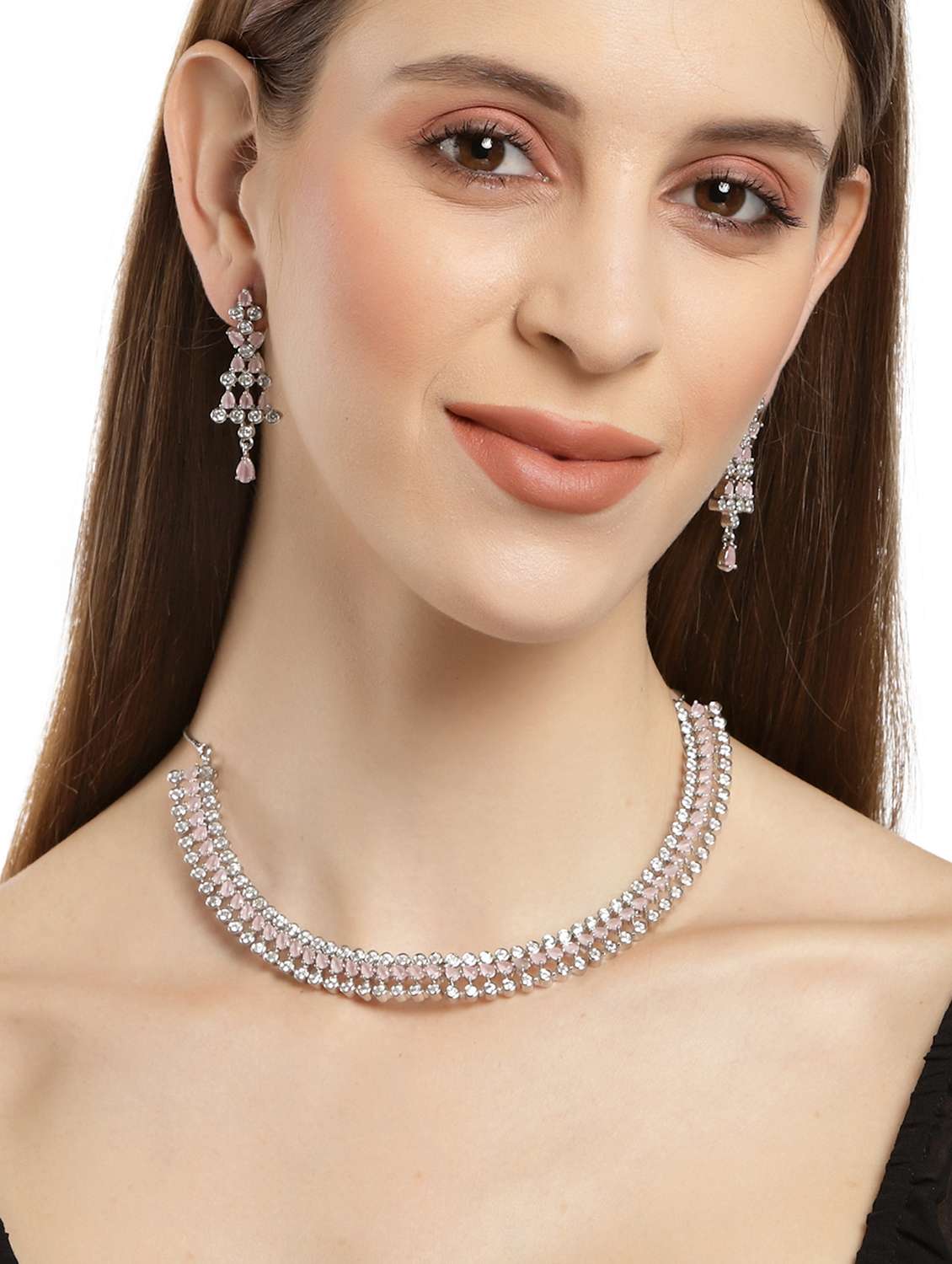 karatcart silver tone pink american diamond necklace set - 18635840 - Standard Image - 4