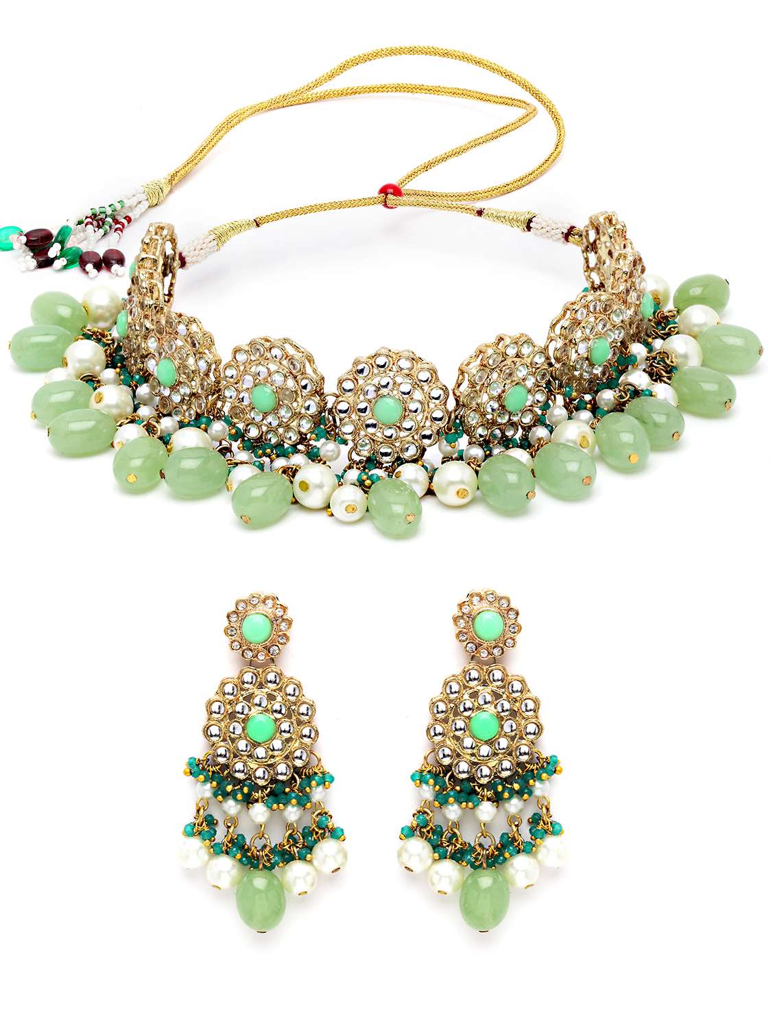 karatcart gold plated light green tumble and pearl studded kundan choker necklace set  - 18635861 -  Standard Image - 1