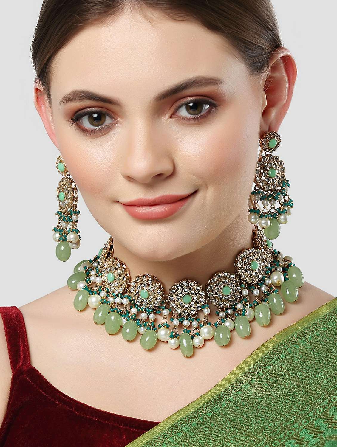 karatcart gold plated light green tumble and pearl studded kundan choker necklace set  - 18635861 -  Standard Image - 4