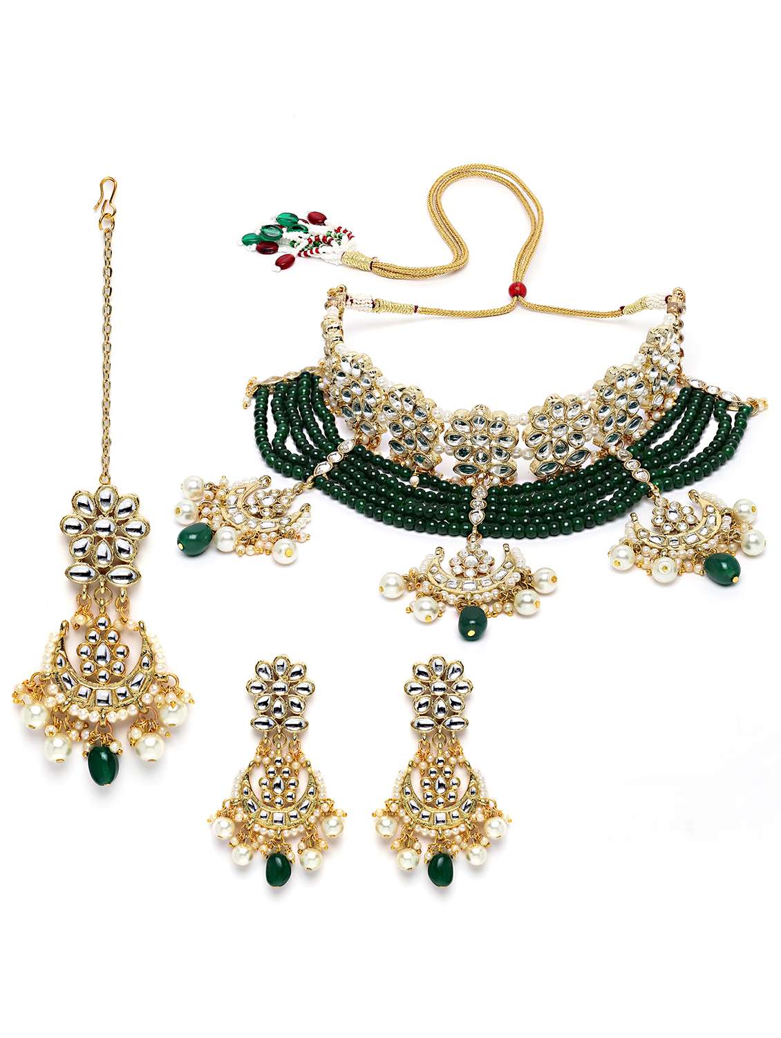 gold plated green beads multilayered kundan necklace earrings and maang tikka set - 18635867 - Standard Image - 1