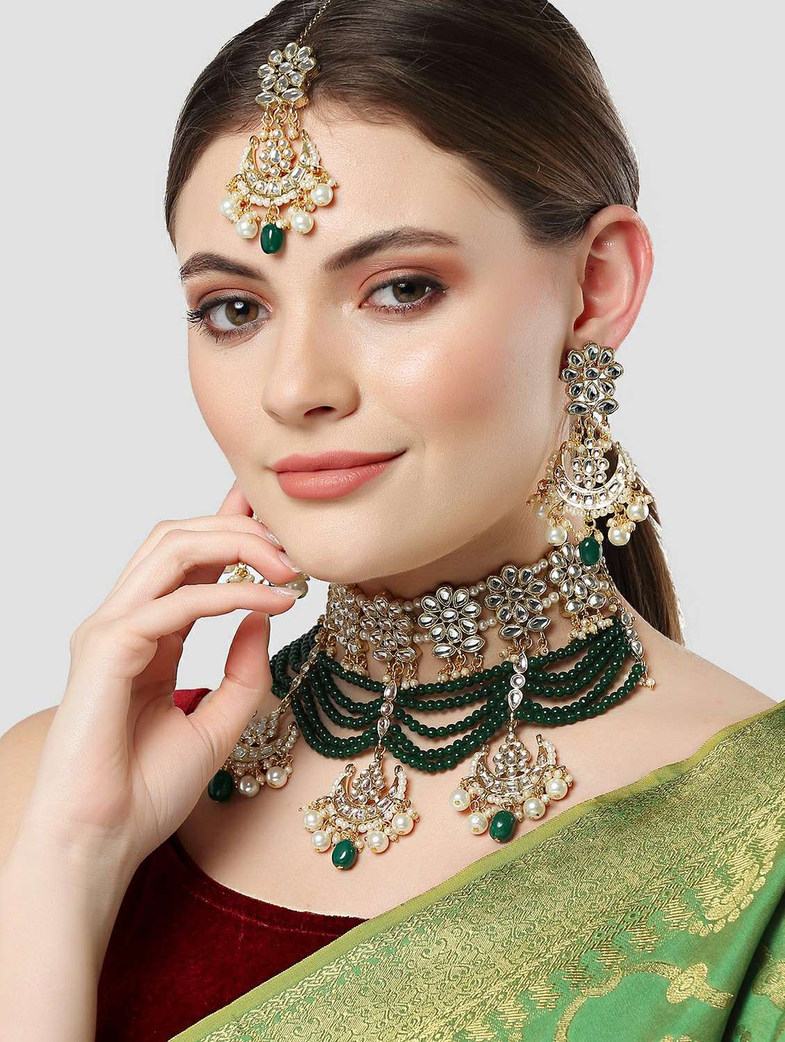 gold plated green beads multilayered kundan necklace earrings and maang tikka set - 18635867 - Standard Image - 4