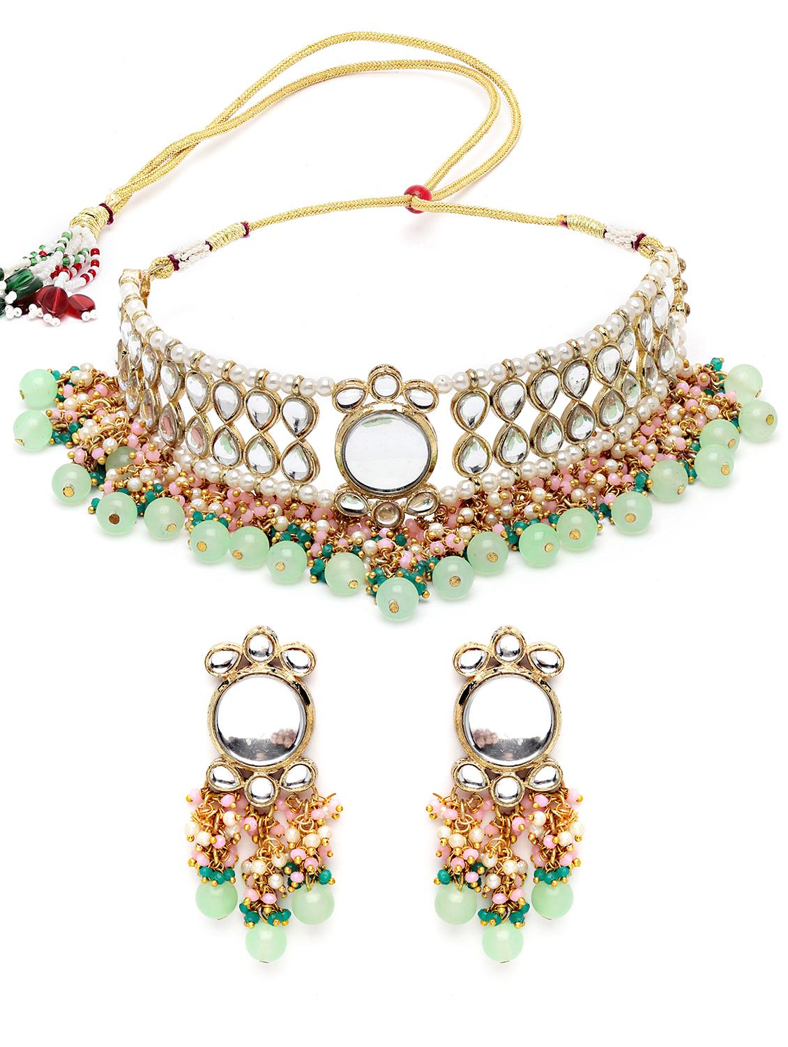 karatcart gold plated green beads and pink crystal studded kundan choker necklace set  - 18635878 -  Standard Image - 1