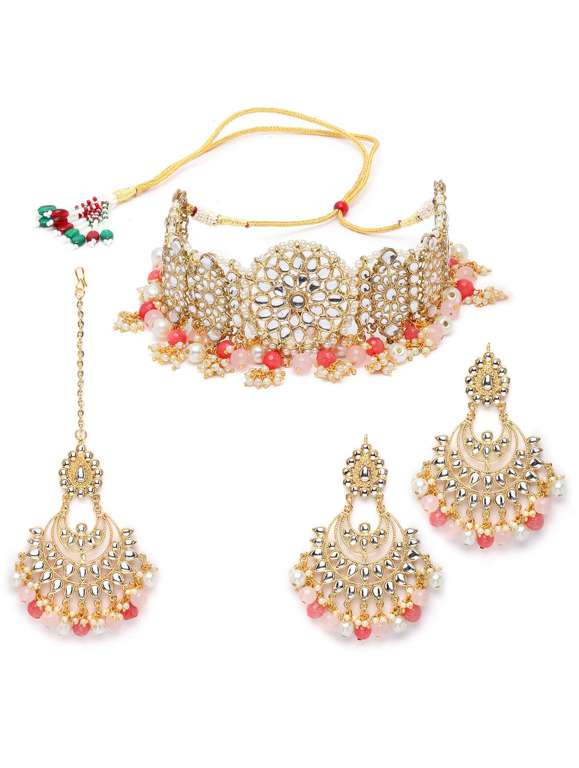 karatcart gold plated peach and pink beads kundan necklace earrings and maang tikka set  - 18635881 -  Standard Image - 1