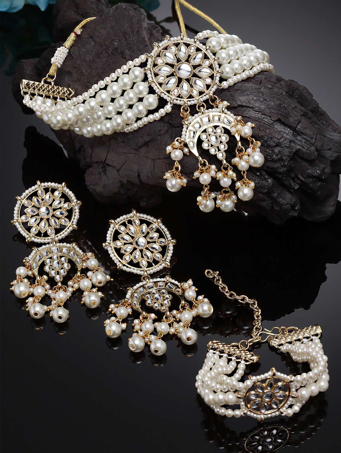 karatcart gold plated white pearl kundan choker necklace set with bracelet 