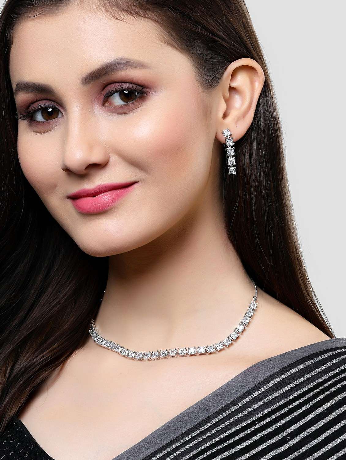 silver tone cubic zirconia studded necklace set - 18635899 - Standard Image - 4