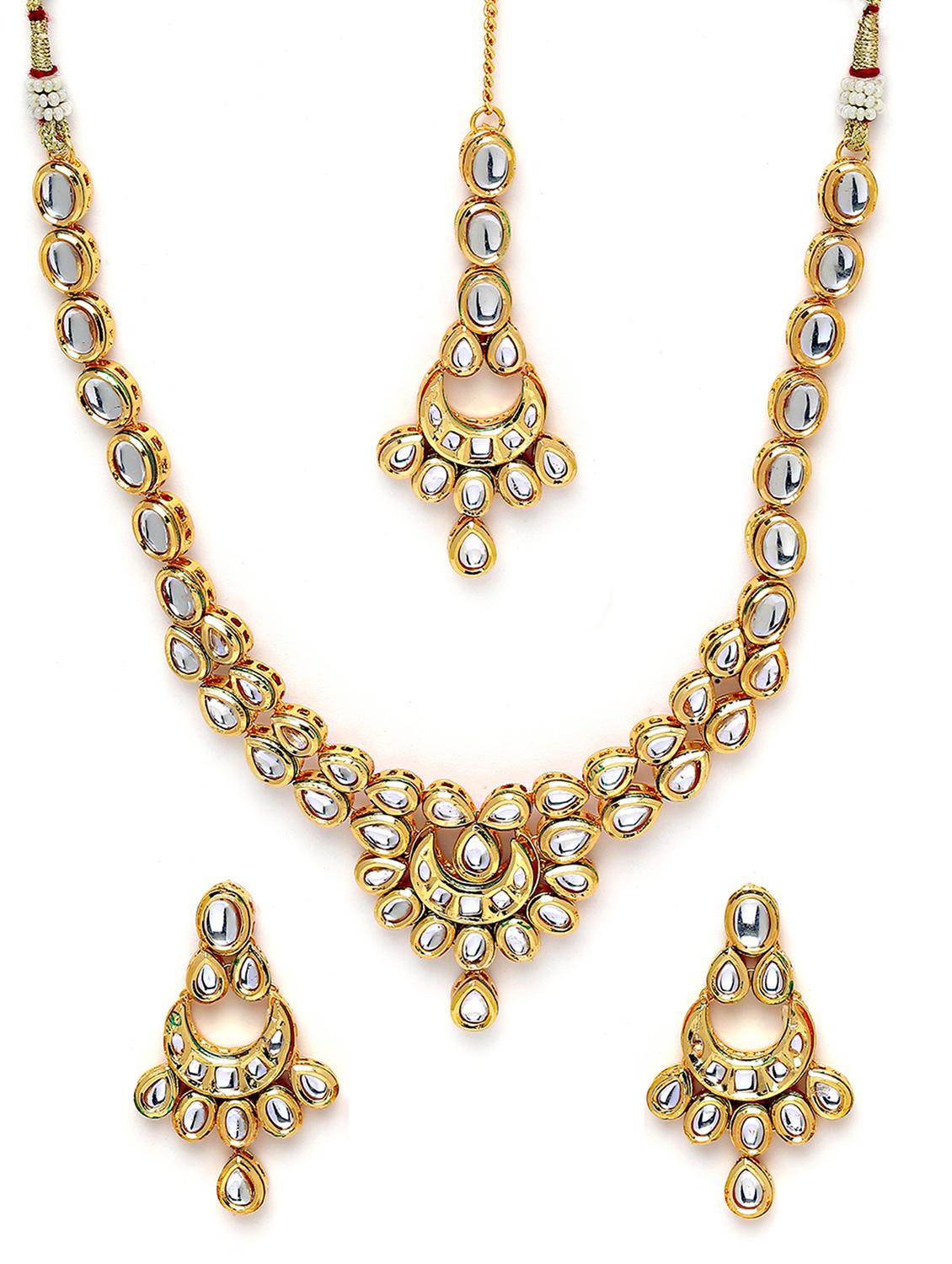 gold plated kundan necklace earring and maang tikka set - 18635902 - Standard Image - 1