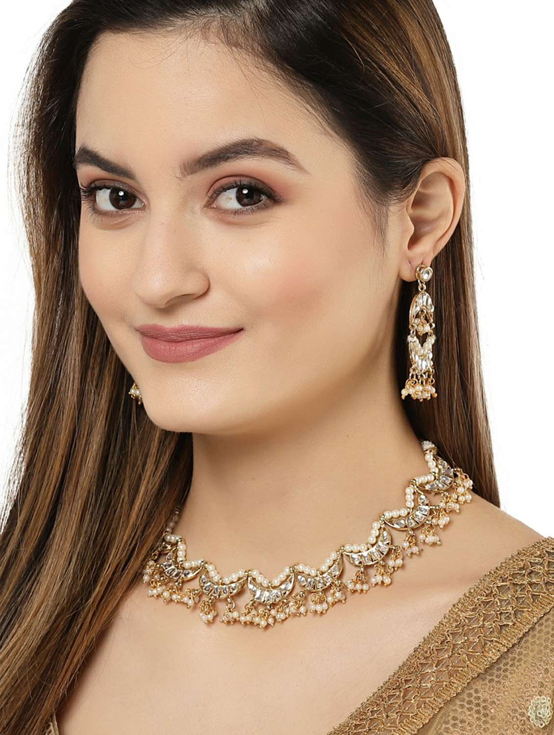 karatcart gold plated moon shaped white kundan neckalce set - 18635911 -  Standard Image - 4
