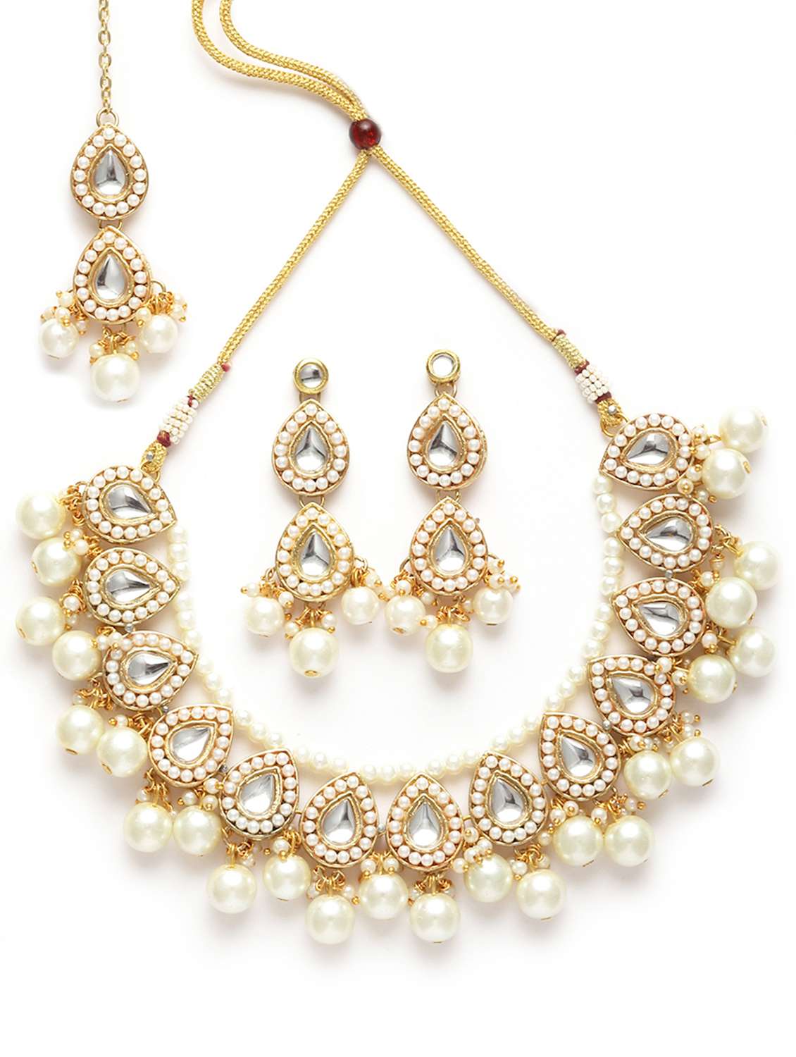 gold plated pearl and drop kundan necklace earrings and maang tikka set - 18635913 -  Standard Image - 1
