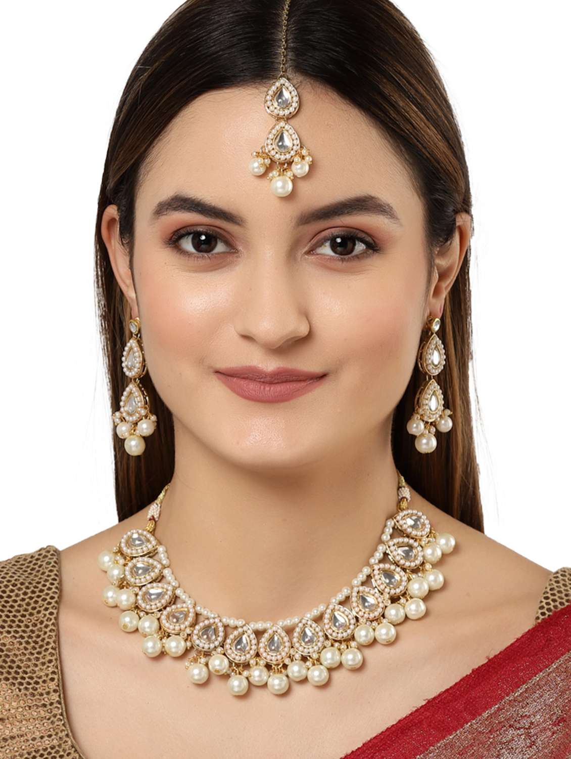 gold plated pearl and drop kundan necklace earrings and maang tikka set - 18635913 -  Standard Image - 4