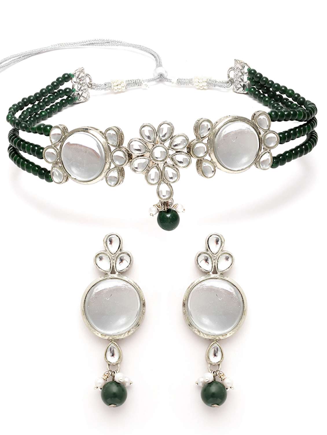 karatcart oxidised silver green multistrand embellished choker necklace set - 18635920 - Standard Image - 1