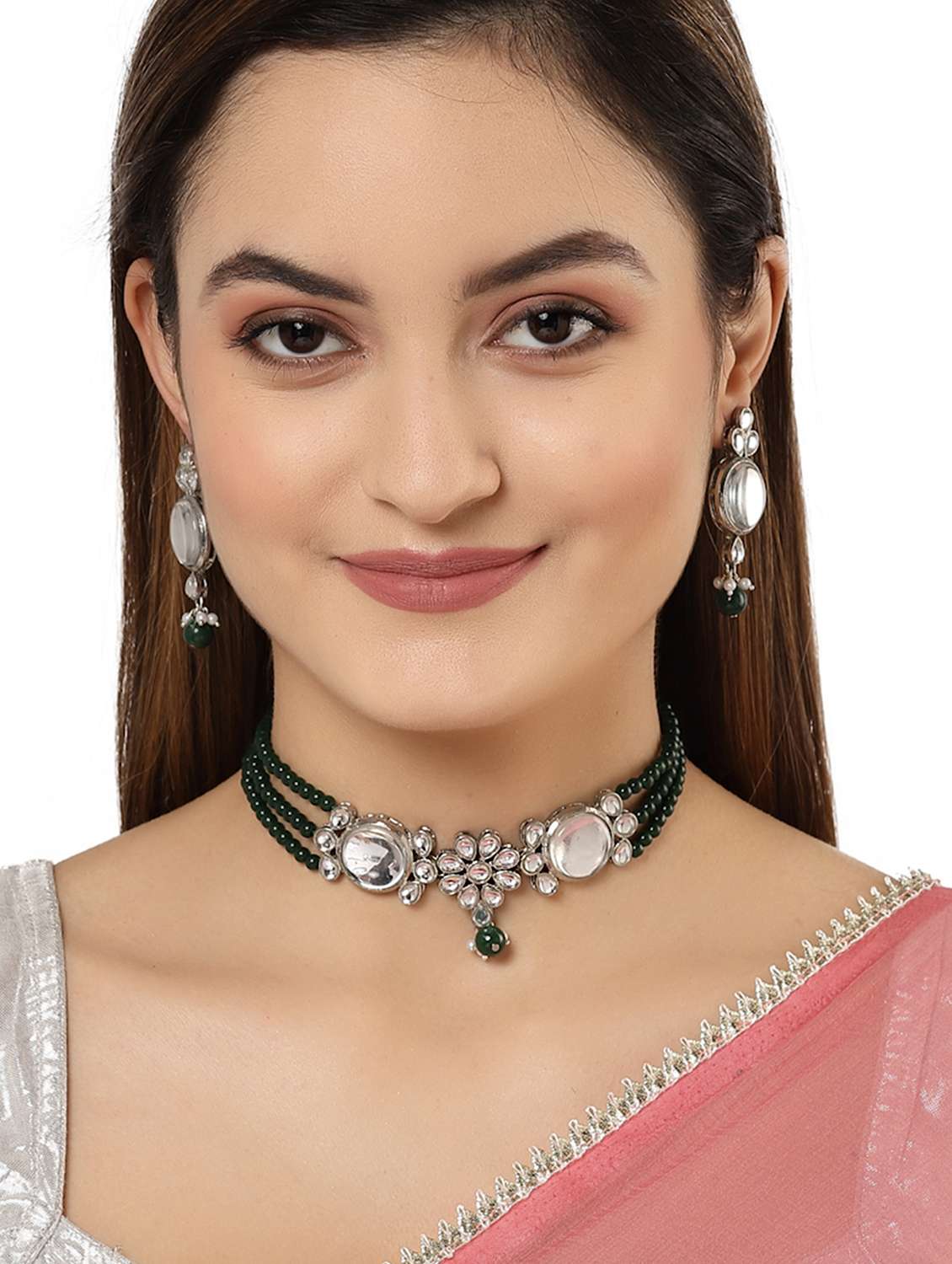 karatcart oxidised silver green multistrand embellished choker necklace set - 18635920 - Standard Image - 4