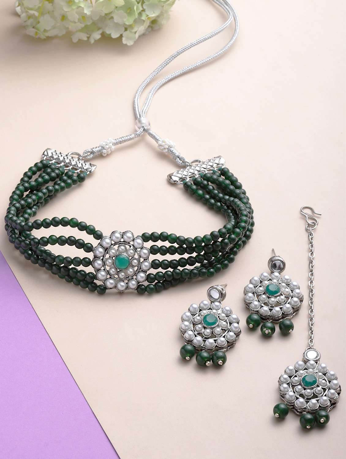 oxidised silver green beads kundan choker necklace earring and maang tikka set