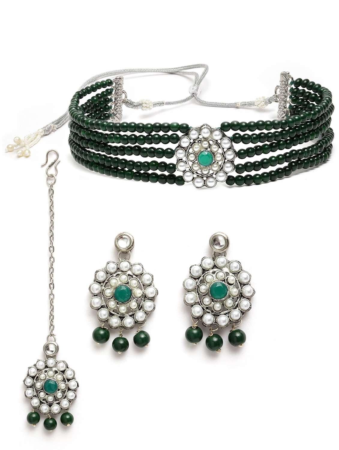 oxidised silver green beads kundan choker necklace earring and maang tikka set - 18635945 -  Standard Image - 1