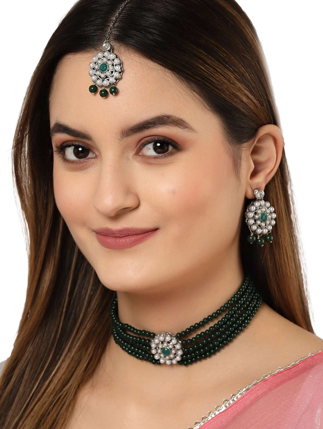 oxidised silver green beads kundan choker necklace earring and maang tikka set - 18635945 -  Standard Image - 4